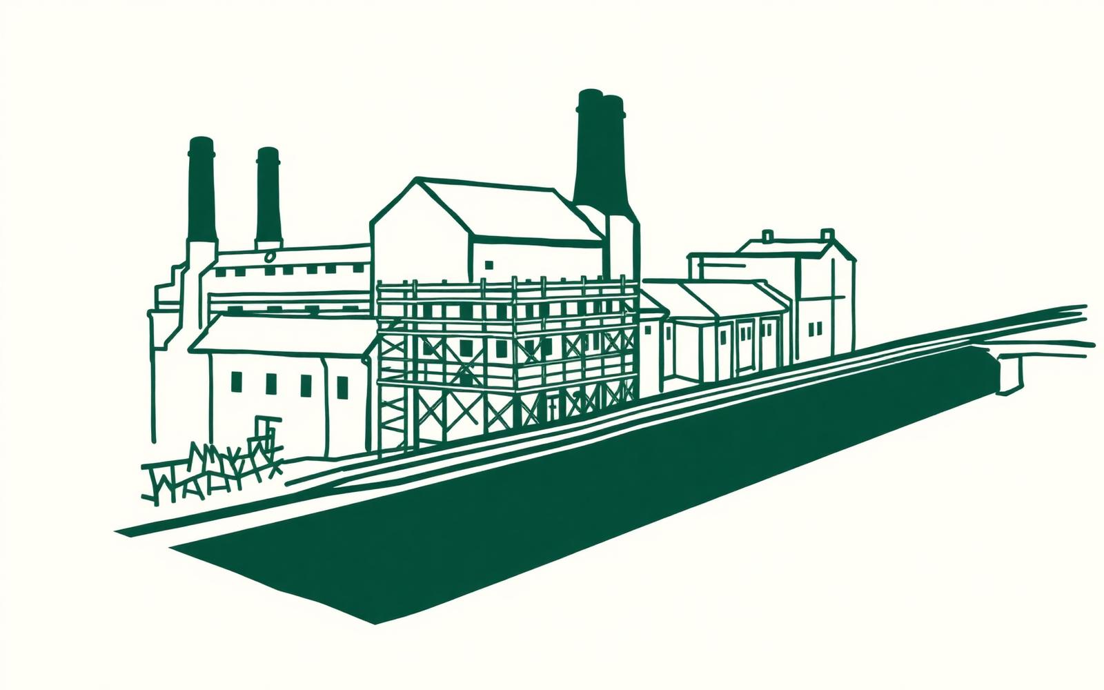 Line drawing of a Lancashire mill town skyline with chimneys, scaffolding and a motorway bridge.