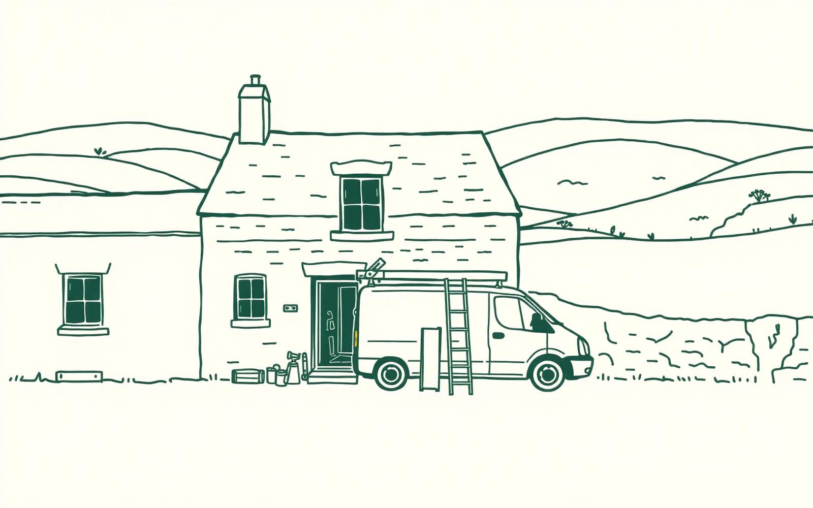 Line drawing of a Lancashire stone house with a work van, ladder and tools outside, moorland hills behind.