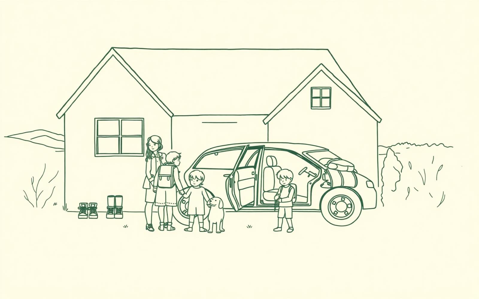 Line drawing of a family with two children and a dog unloading a car outside a cottage, fells in the distance.