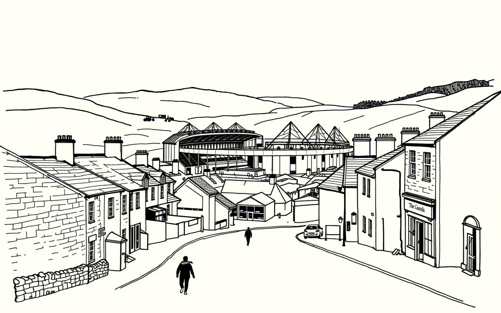 Line drawing of Ewood Park stadium rising behind Blackburn terraced houses, with fans walking toward the ground and Pennine hills in the distance.