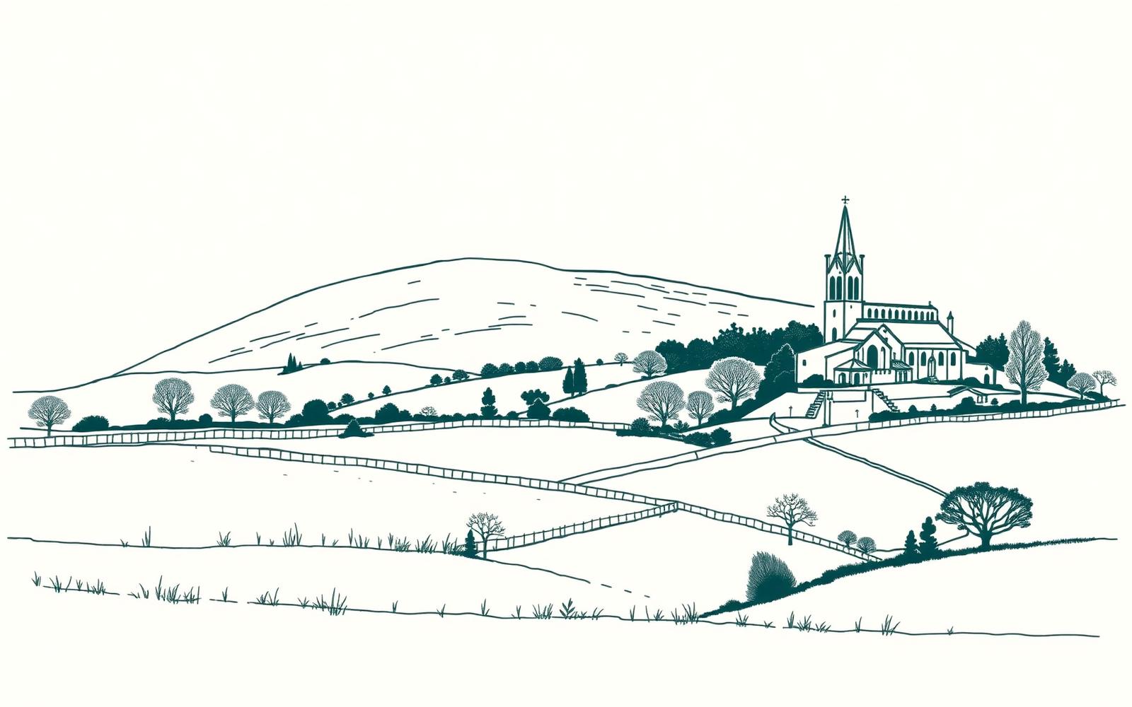 Line drawing of the Ribble Valley with Pendle Hill, dry stone walls and a village church.