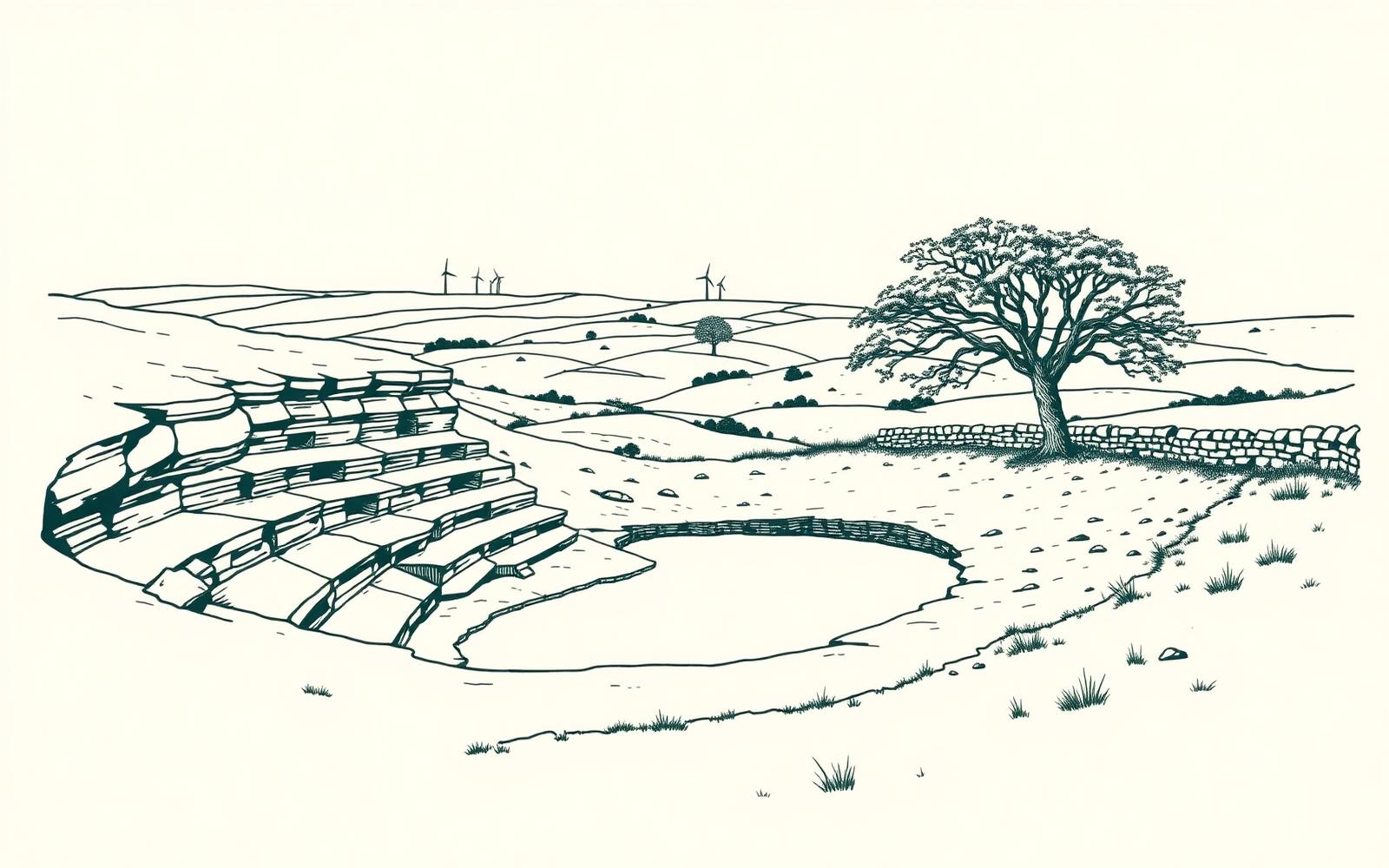 Line drawing of a disused Lancashire moorland quarry with stepped rock faces, a still pool, a wind-bent tree and Pennine hills with distant wind turbines.
