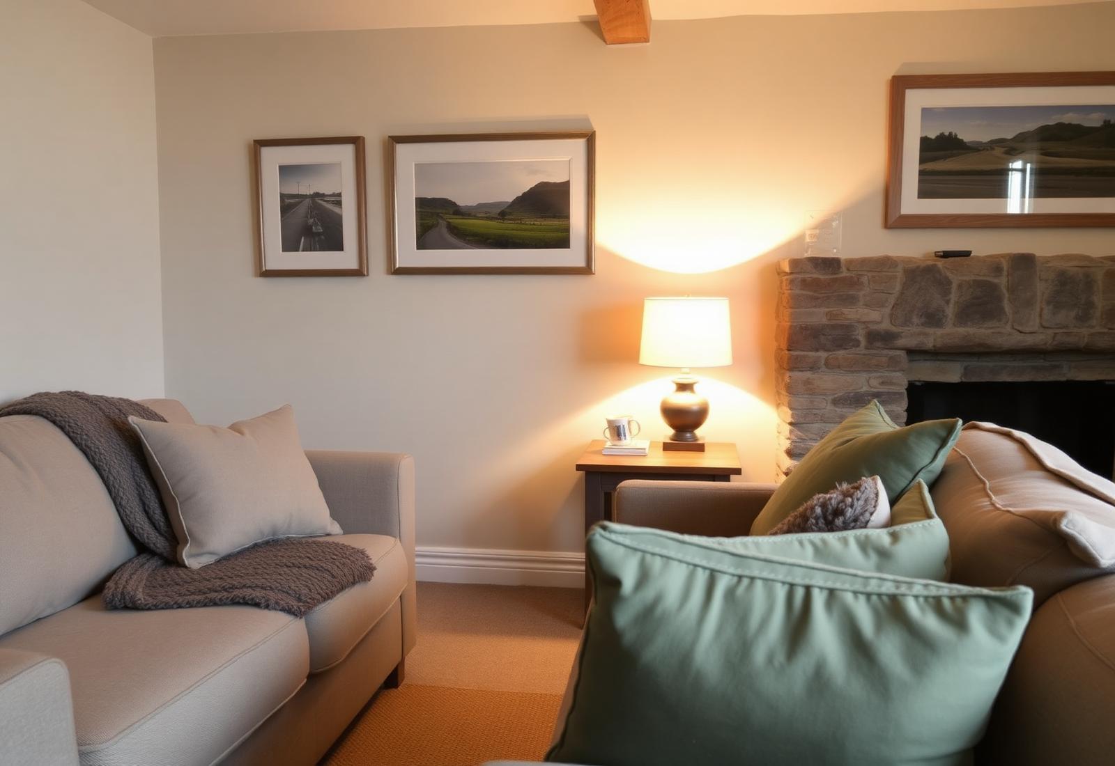 Cosy living room with warm lighting and soft textiles